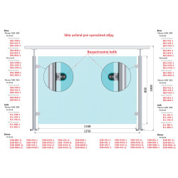 Transparentné ESG/VSG sklo medzi stĺpikmi 1250mm Transparentné ESG/VSG sklo medzi stĺpikmi 1250mm